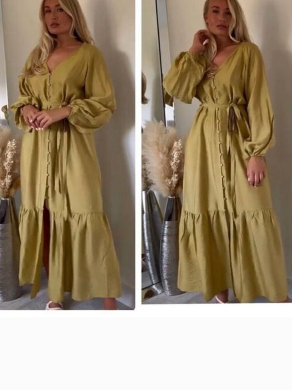 H&M Olive Green Belted Balloon Sleeve  Maxi Dress, S NWOT